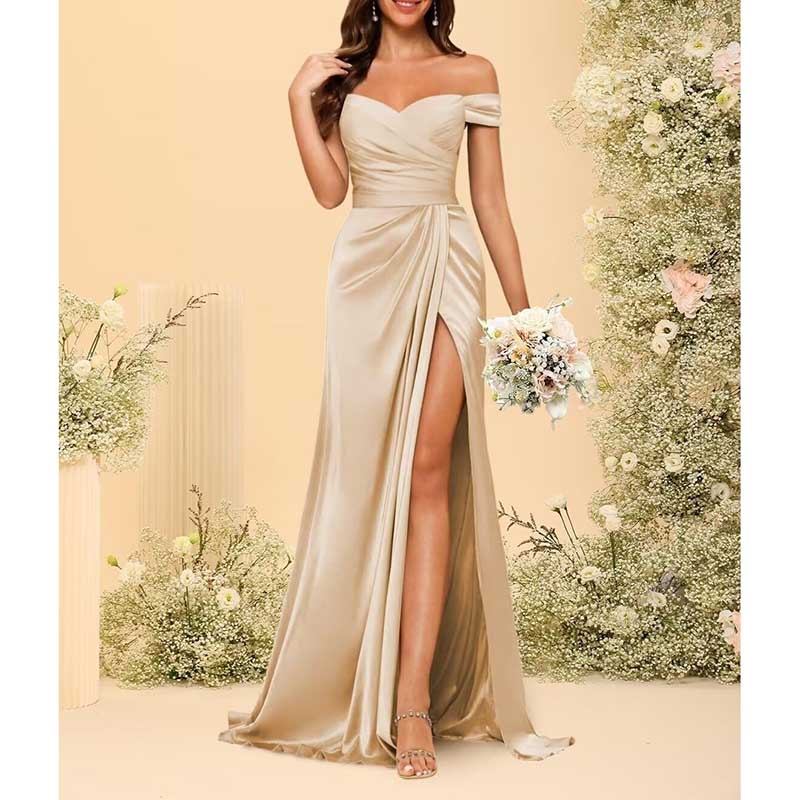 Long Satin Bridesmaid Dress Off-the-Shoulder Neckline & High-Leg Split