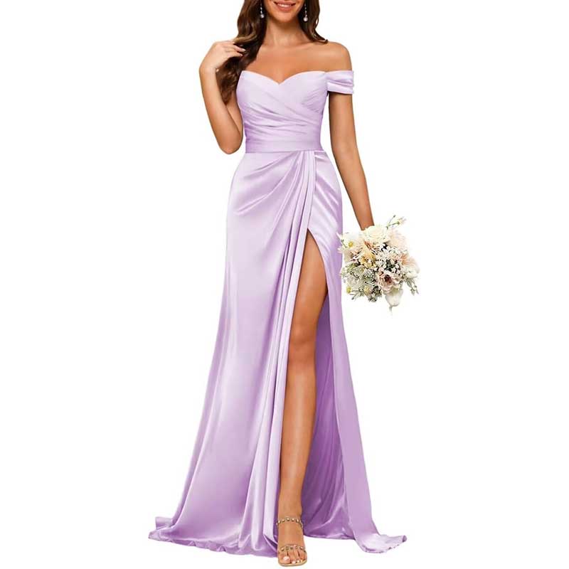 Long Satin Bridesmaid Dress Off-the-Shoulder Neckline & High-Leg Split