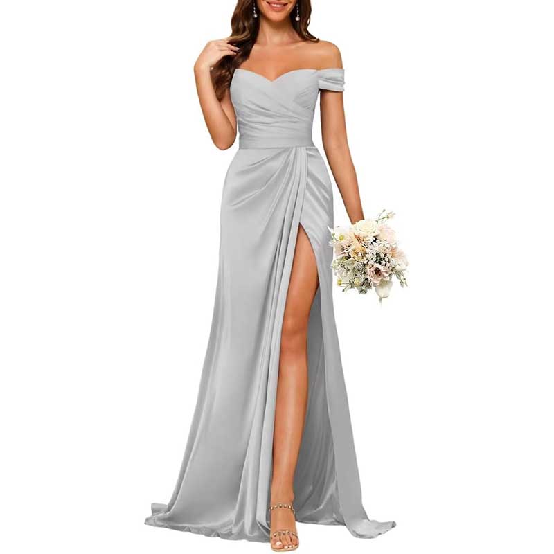 Long Satin Bridesmaid Dress Off-the-Shoulder Neckline & High-Leg Split
