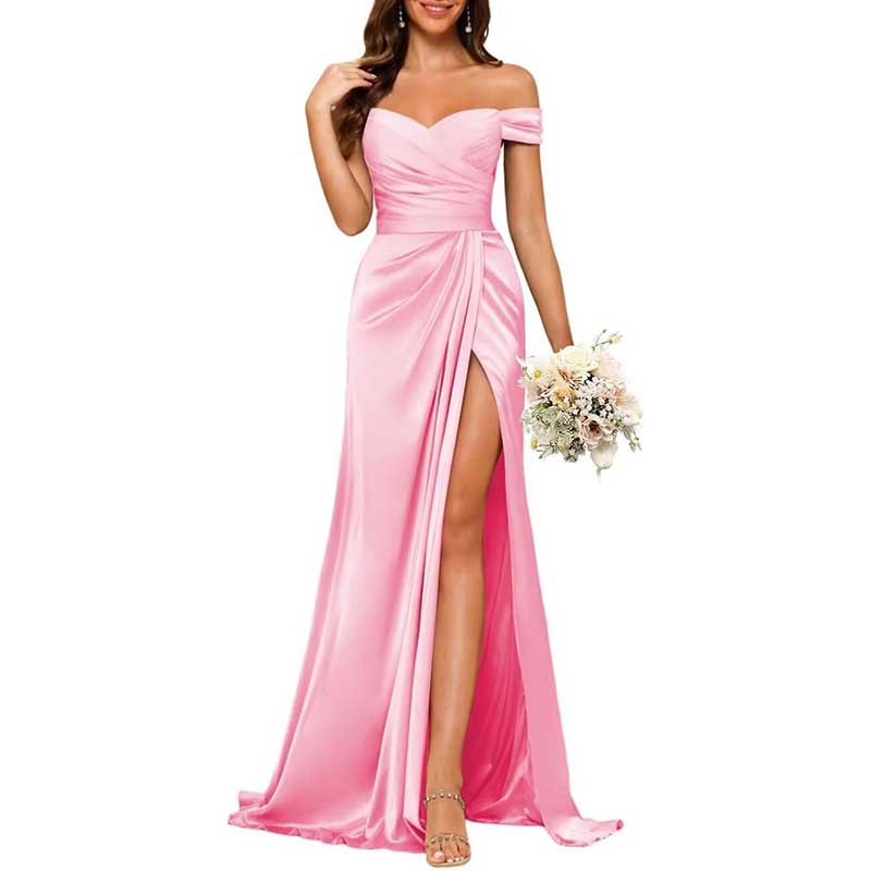 Long Satin Bridesmaid Dress Off-the-Shoulder Neckline & High-Leg Split