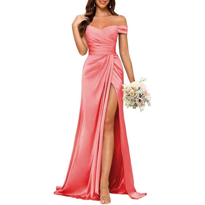 Long Satin Bridesmaid Dress Off-the-Shoulder Neckline & High-Leg Split