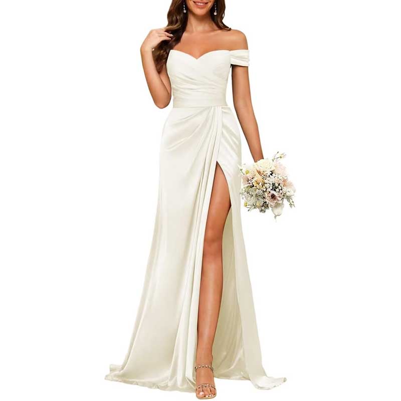 Long Satin Bridesmaid Dress Off-the-Shoulder Neckline & High-Leg Split