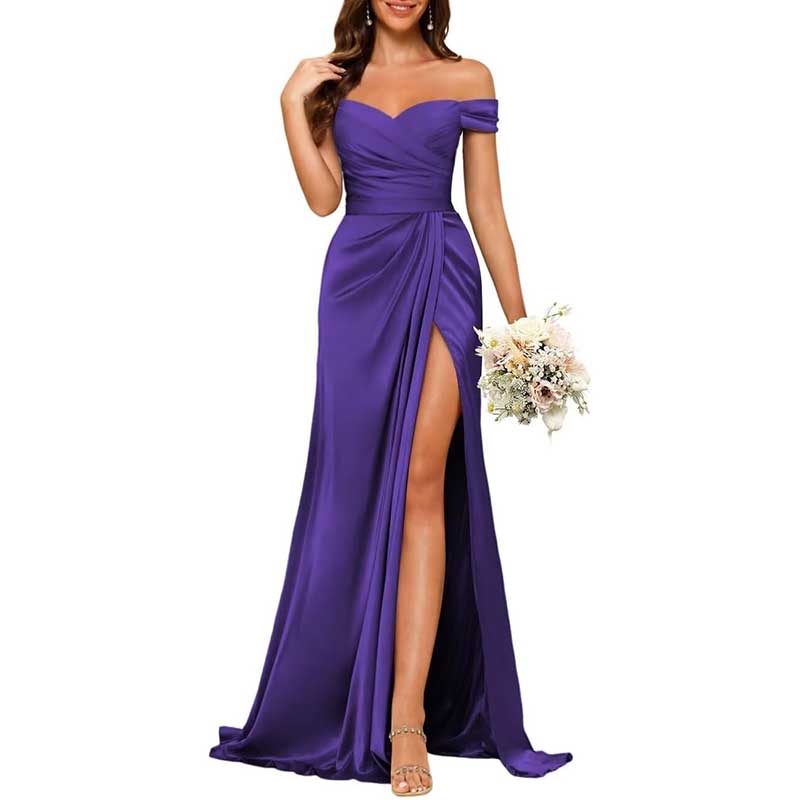 Long Satin Bridesmaid Dress Off-the-Shoulder Neckline & High-Leg Split