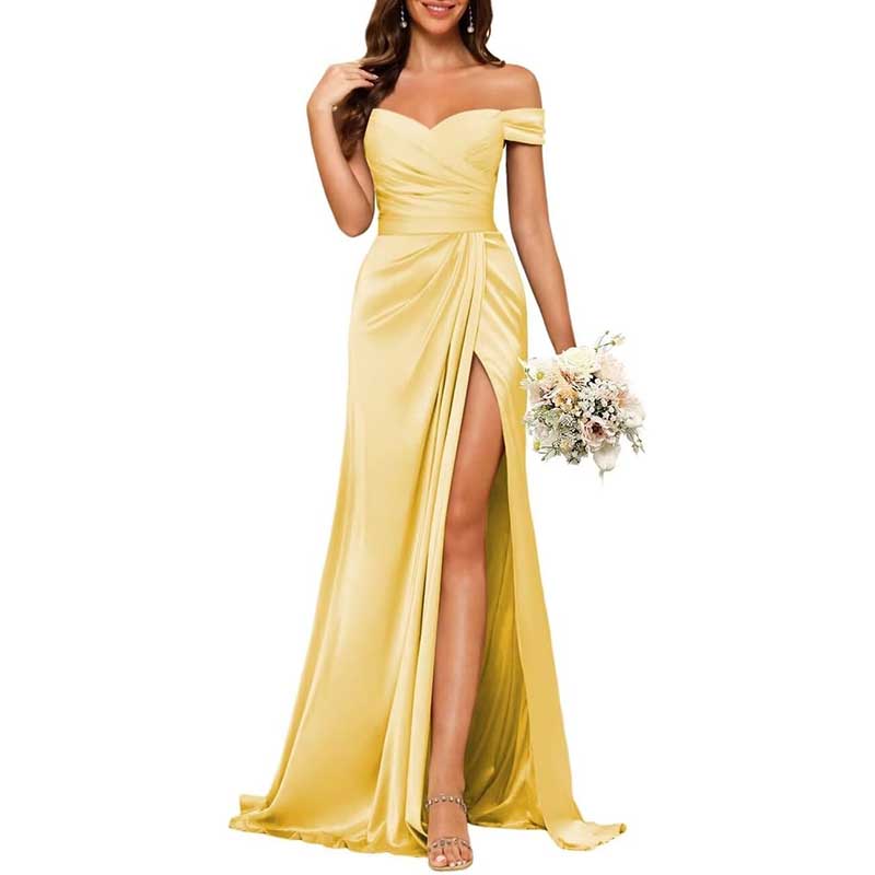 Long Satin Bridesmaid Dress Off-the-Shoulder Neckline & High-Leg Split