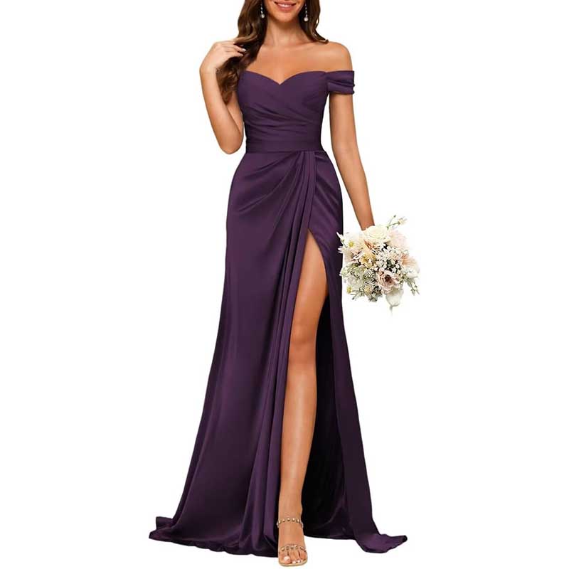 Long Satin Bridesmaid Dress Off-the-Shoulder Neckline & High-Leg Split