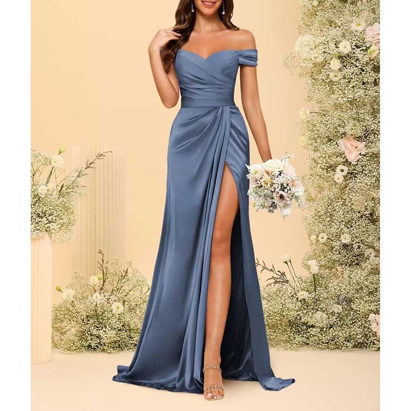 Long Satin Bridesmaid Dress Off-the-Shoulder Neckline & High-Leg Split