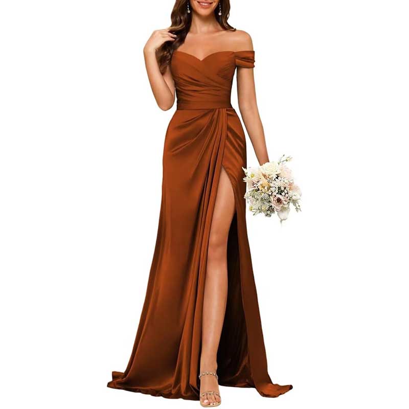 Long Satin Bridesmaid Dress Off-the-Shoulder Neckline & High-Leg Split