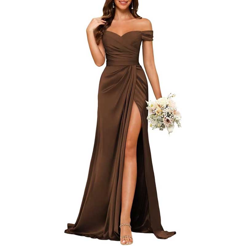 Long Satin Bridesmaid Dress Off-the-Shoulder Neckline & High-Leg Split