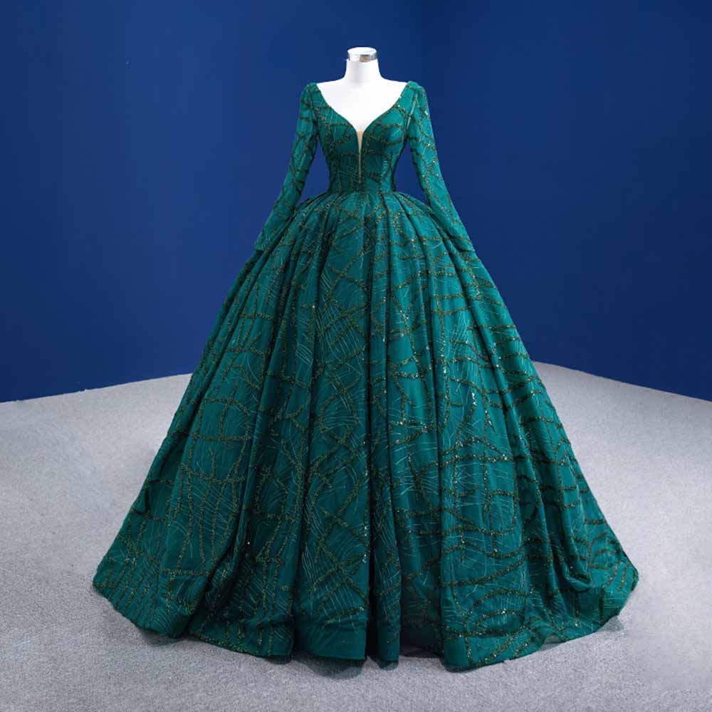 Long Sleeve Sequin Prom Dress Emerald Green Bridal Ball Gowns with Train