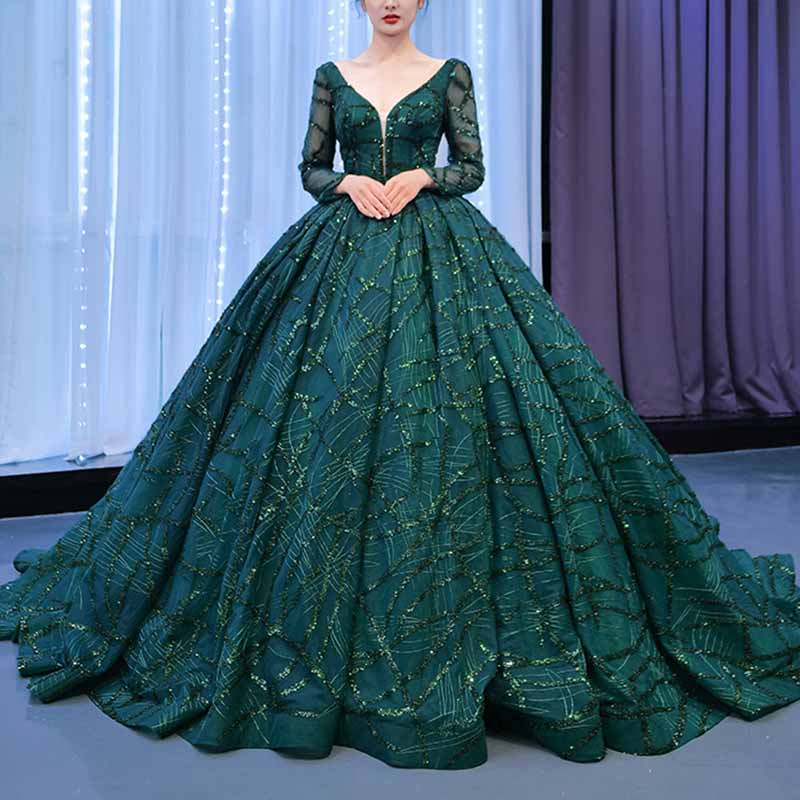 Long Sleeve Sequin Prom Dress Emerald Green Bridal Ball Gowns with Train