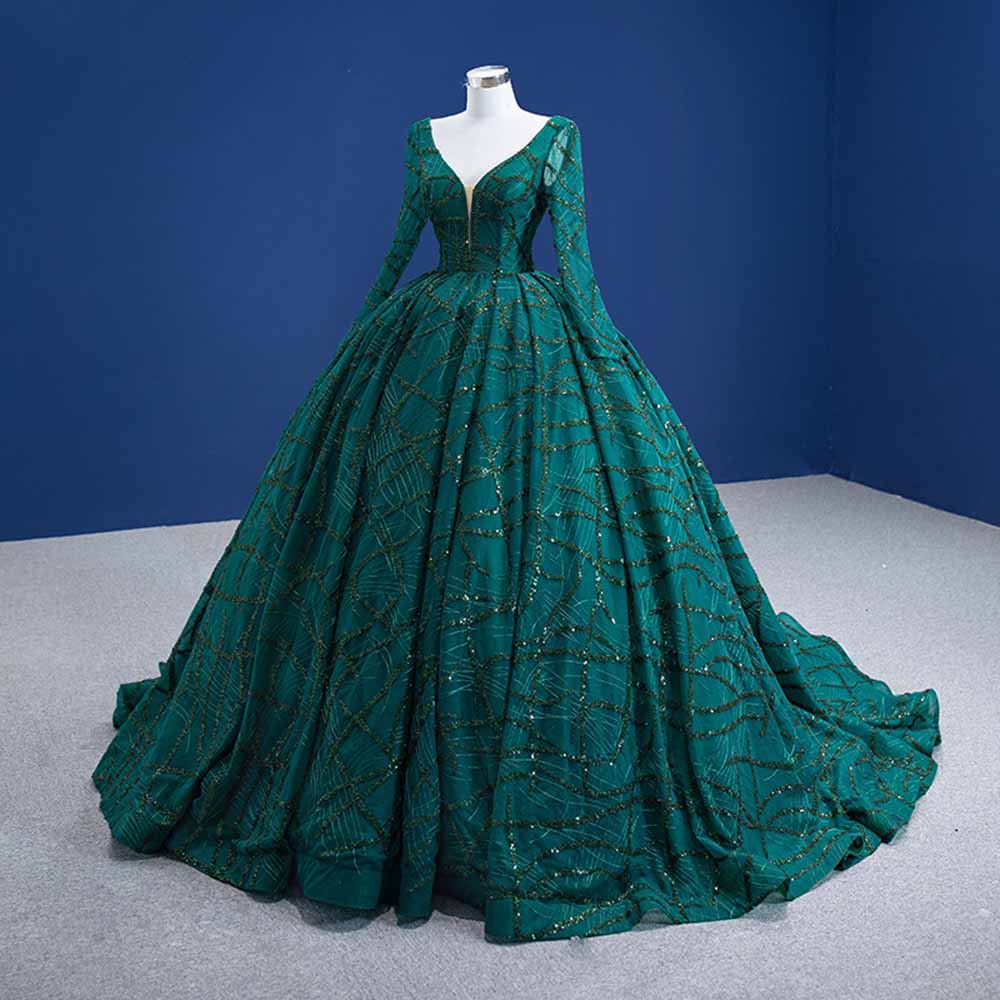 Long Sleeve Sequin Prom Dress Emerald Green Bridal Ball Gowns with Train