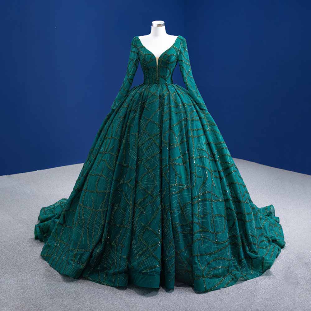 Long Sleeve Sequin Prom Dress Emerald Green Bridal Ball Gowns with Train