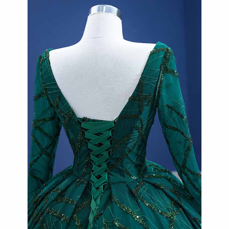 Long Sleeve Sequin Prom Dress Emerald Green Bridal Ball Gowns with Train