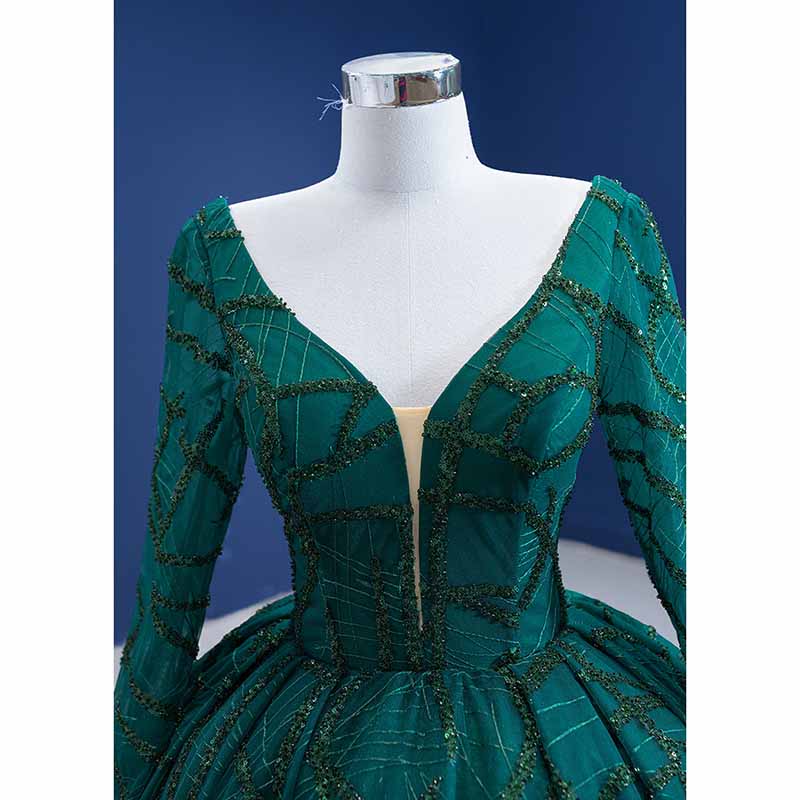 Long Sleeve Sequin Prom Dress Emerald Green Bridal Ball Gowns with Train
