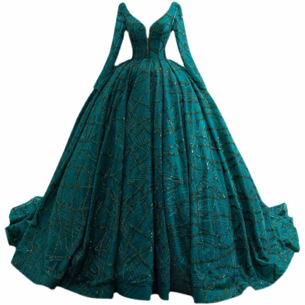 Long Sleeve Sequin Prom Dress Emerald Green Bridal Ball Gowns with Train