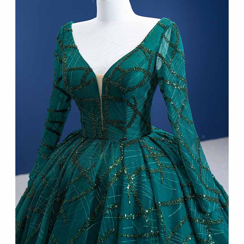 Long Sleeve Sequin Prom Dress Emerald Green Bridal Ball Gowns with Train
