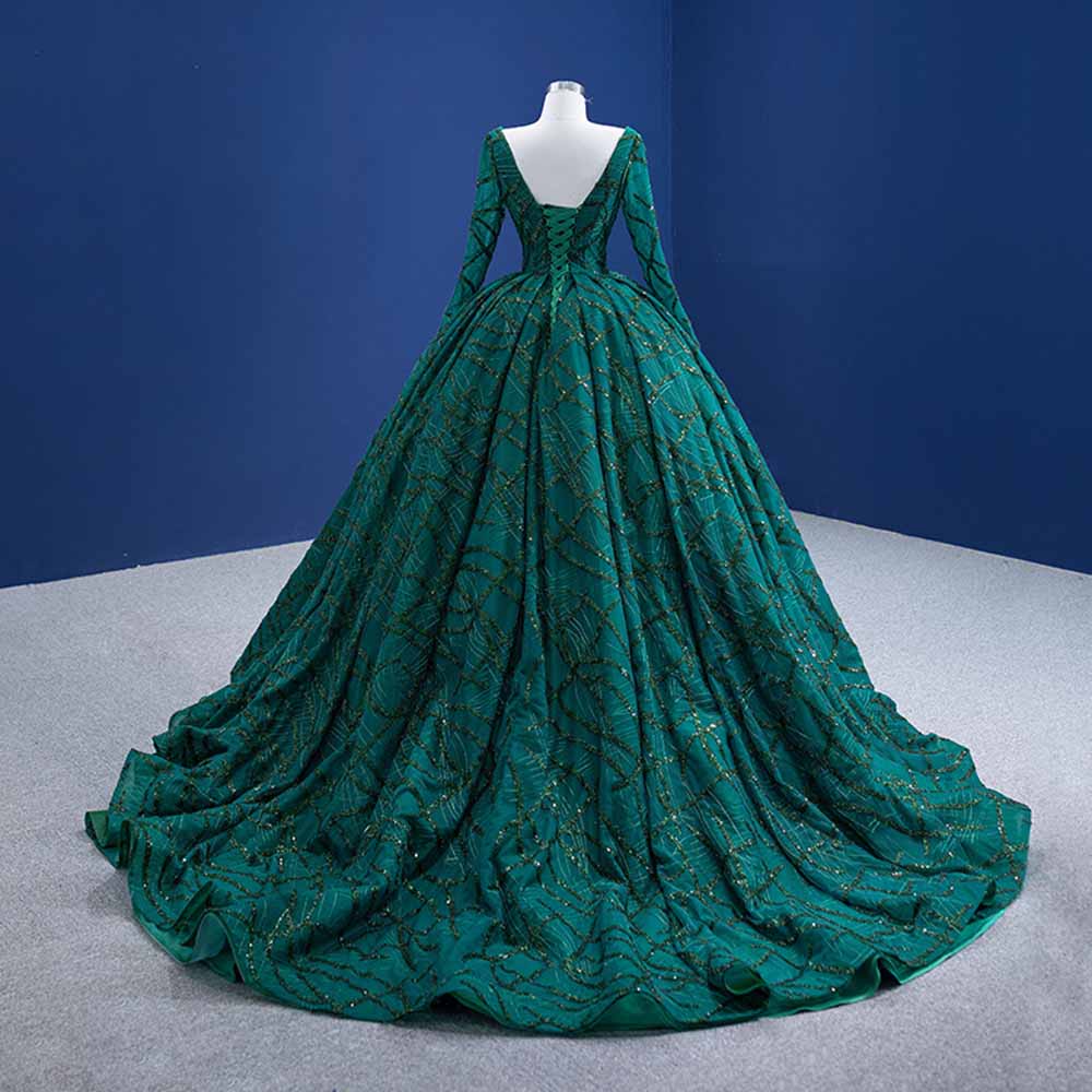 Long Sleeve Sequin Prom Dress Emerald Green Bridal Ball Gowns with Train