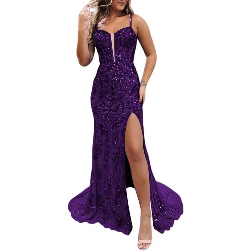 Long Sparkly Spaghetti Strap Prom Dress Sequins & Beaded Ball Gown
