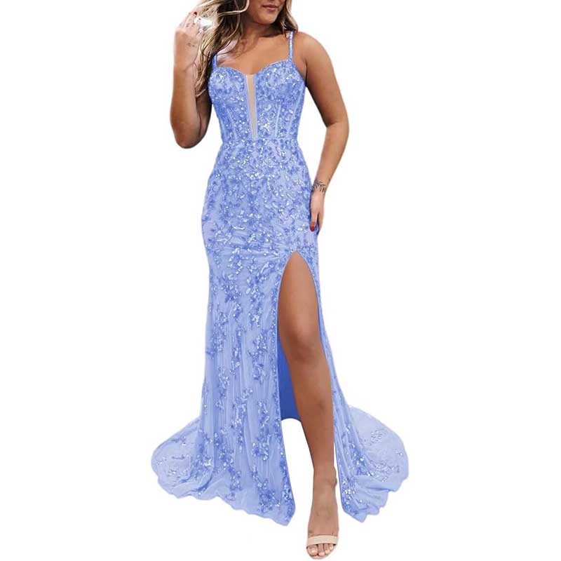 Long Sparkly Spaghetti Strap Prom Dress Sequins & Beaded Ball Gown