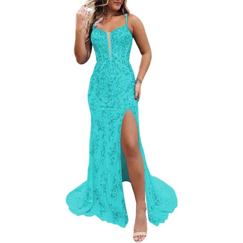 Long Sparkly Spaghetti Strap Prom Dress Sequins & Beaded Ball Gown