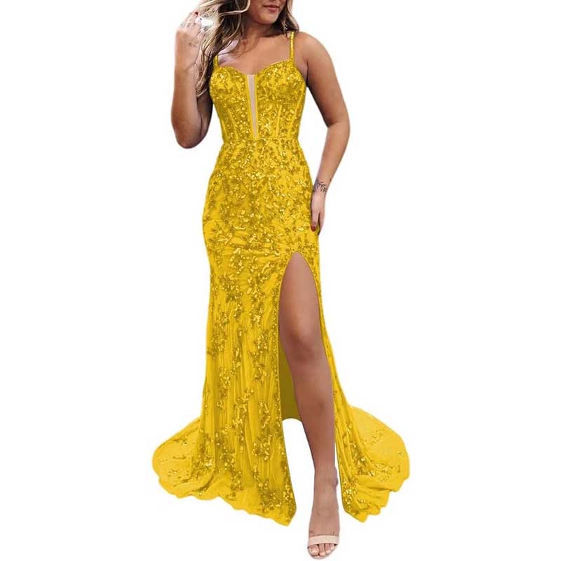 Long Sparkly Spaghetti Strap Prom Dress Sequins & Beaded Ball Gown