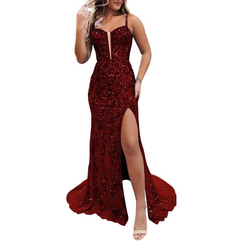 Long Sparkly Spaghetti Strap Prom Dress Sequins & Beaded Ball Gown