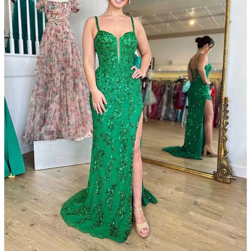 Long Sparkly Spaghetti Strap Prom Dress Sequins & Beaded Ball Gown