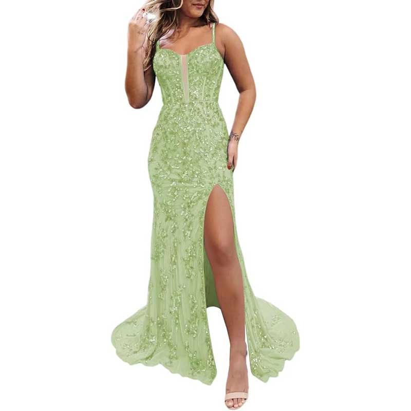 Long Sparkly Spaghetti Strap Prom Dress Sequins & Beaded Ball Gown
