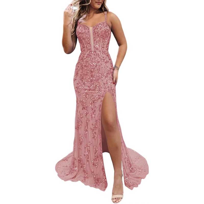 Long Sparkly Spaghetti Strap Prom Dress Sequins & Beaded Ball Gown