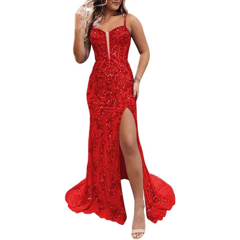 Long Sparkly Spaghetti Strap Prom Dress Sequins & Beaded Ball Gown