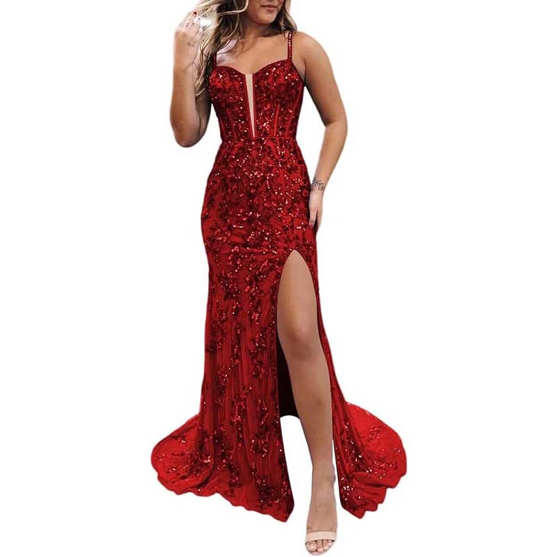 Long Sparkly Spaghetti Strap Prom Dress Sequins & Beaded Ball Gown