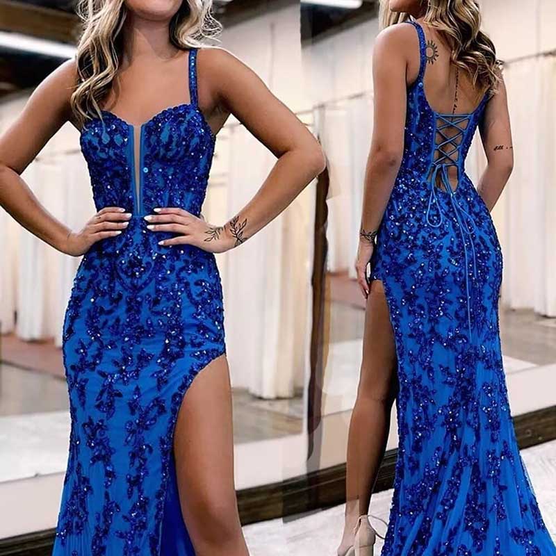 Long Sparkly Spaghetti Strap Prom Dress Sequins & Beaded Ball Gown