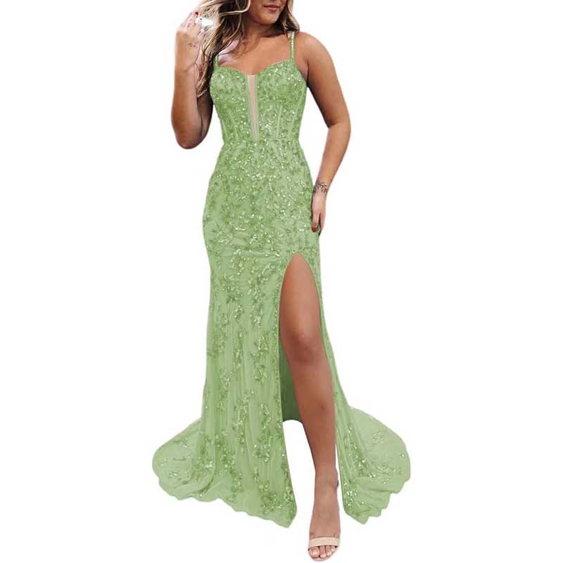Long Sparkly Spaghetti Strap Prom Dress Sequins & Beaded Ball Gown