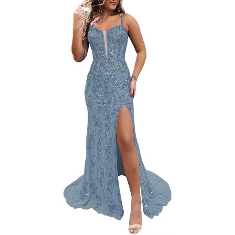 Long Sparkly Spaghetti Strap Prom Dress Sequins & Beaded Ball Gown