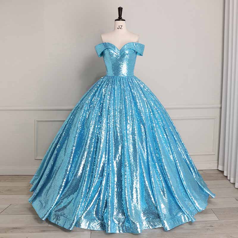 Sequin Off Shoulder Prom Dress Custom Made A-Line Ball Gowns