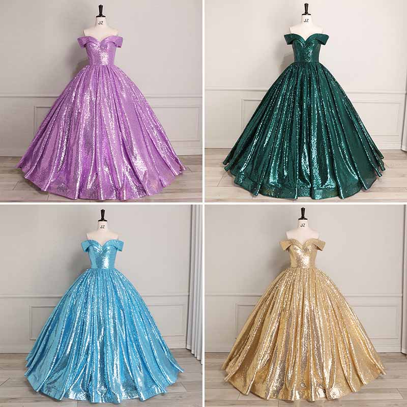 Sequin Off Shoulder Prom Dress Custom Made A-Line Ball Gowns