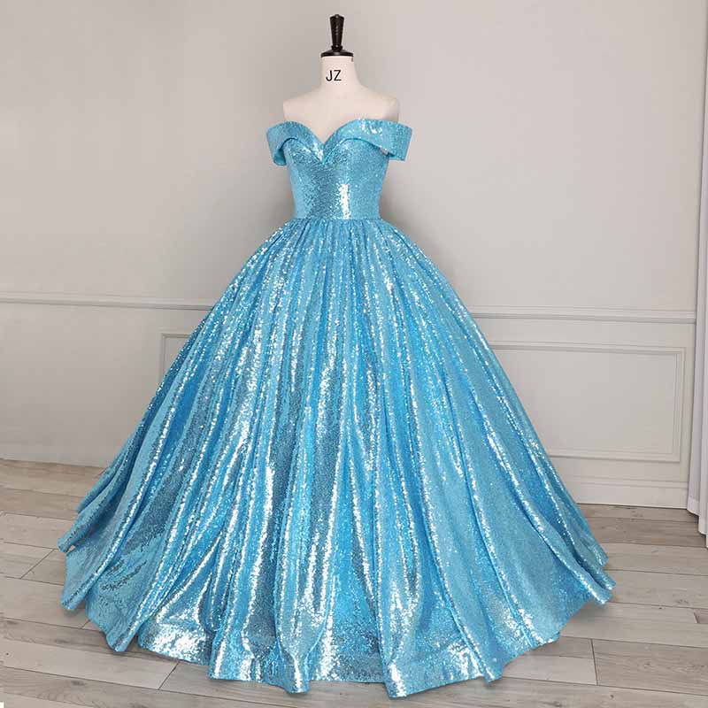 Sequin Off Shoulder Prom Dress Custom Made A-Line Ball Gowns