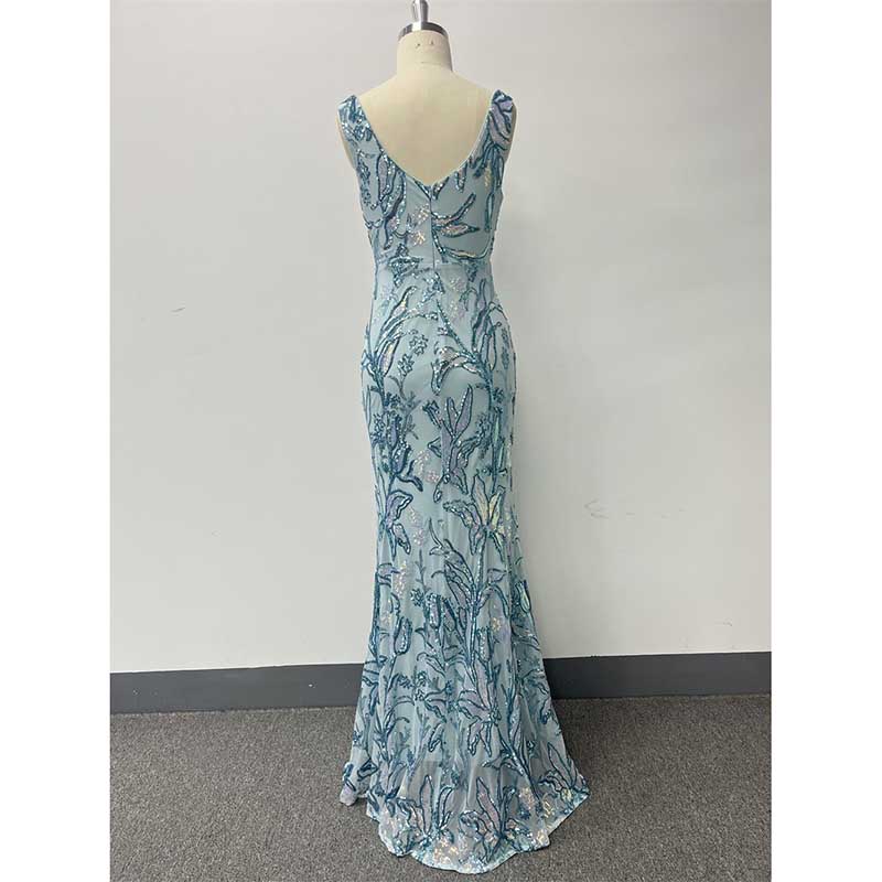 Mermaid Wedding Guest Dress Blue Long Evening Dress Floral Sequin Dress