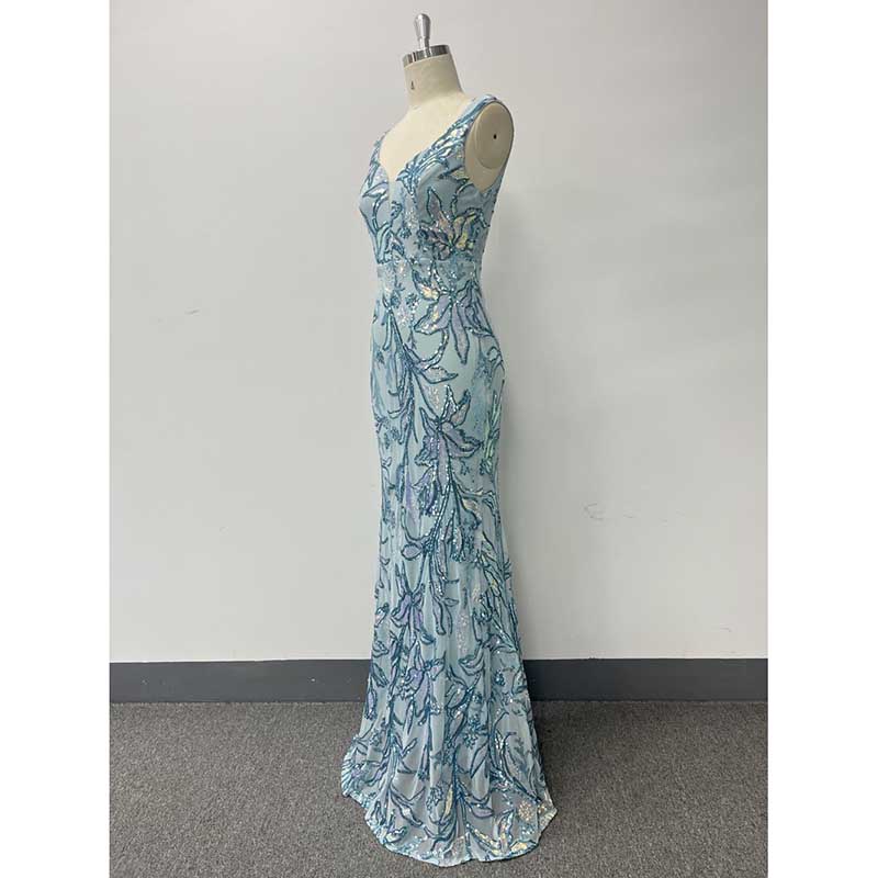 Mermaid Wedding Guest Dress Blue Long Evening Dress Floral Sequin Dress