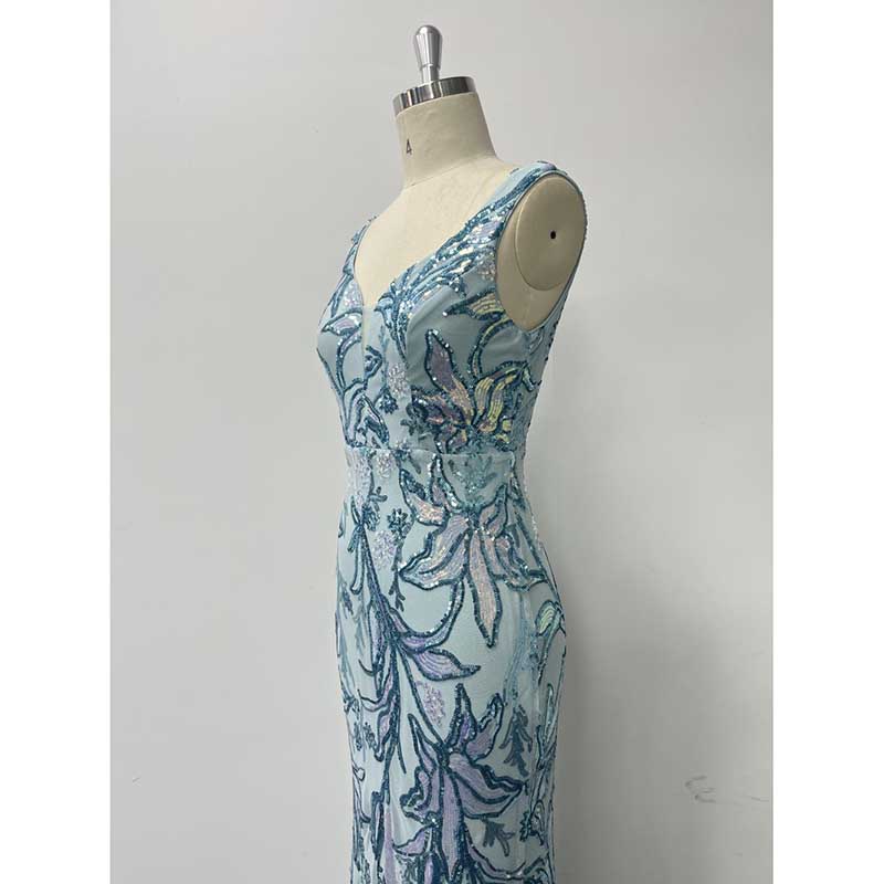 Mermaid Wedding Guest Dress Blue Long Evening Dress Floral Sequin Dress