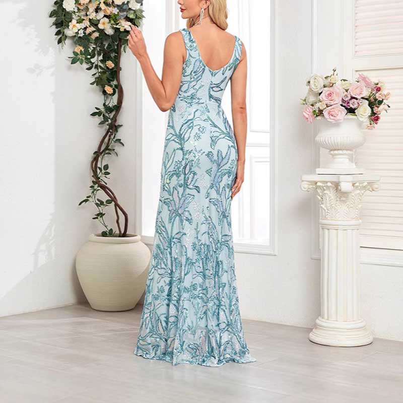 Mermaid Wedding Guest Dress Blue Long Evening Dress Floral Sequin Dress