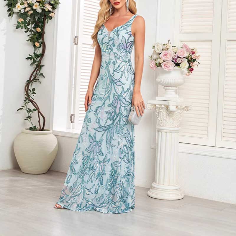 Mermaid Wedding Guest Dress Blue Long Evening Dress Floral Sequin Dress