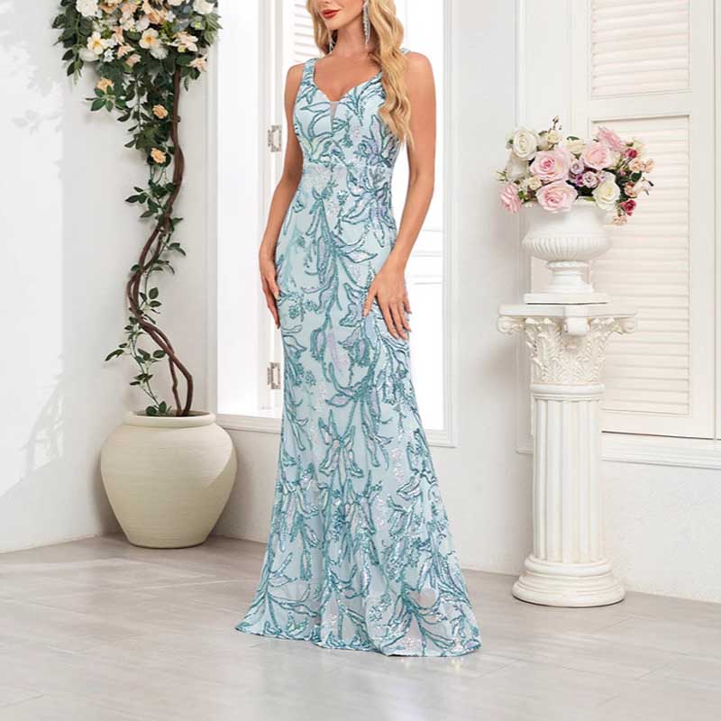Mermaid Wedding Guest Dress Blue Long Evening Dress Floral Sequin Dress
