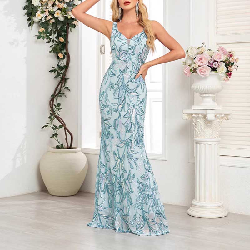 Mermaid Wedding Guest Dress Blue Long Evening Dress Floral Sequin Dress