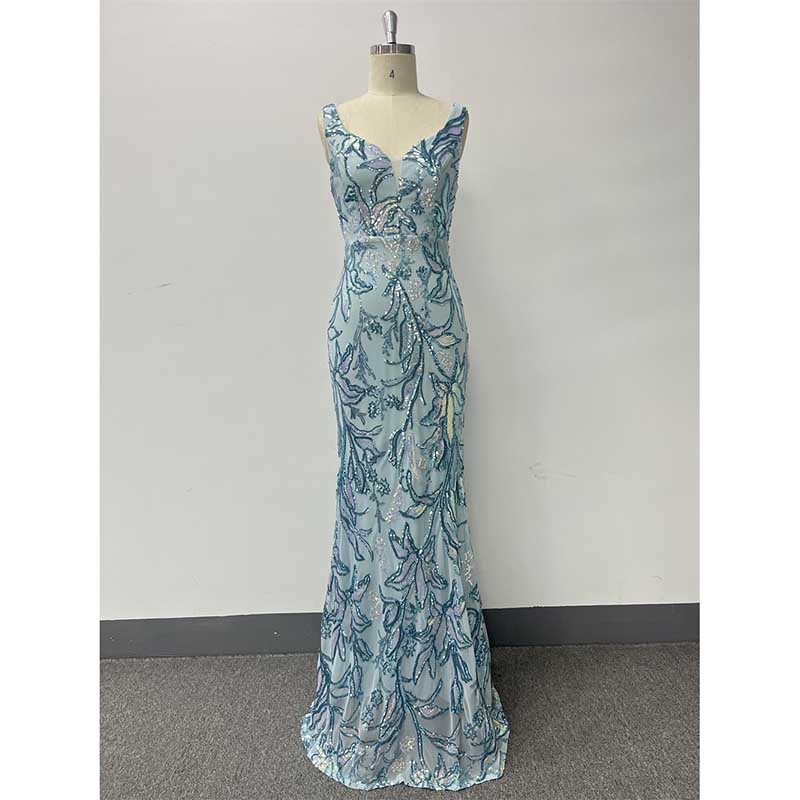 Mermaid Wedding Guest Dress Blue Long Evening Dress Floral Sequin Dress