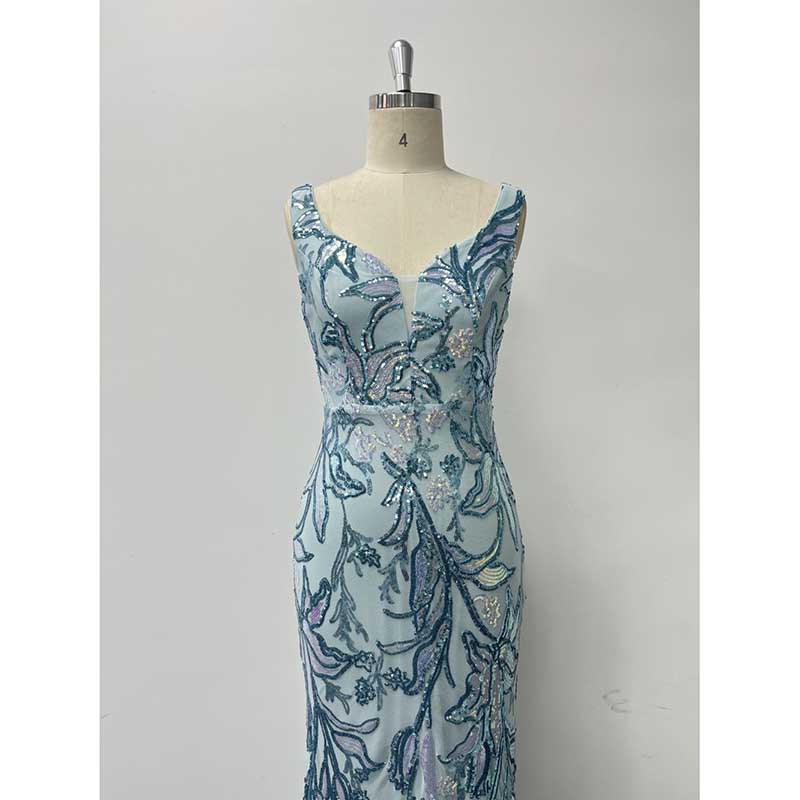 Mermaid Wedding Guest Dress Blue Long Evening Dress Floral Sequin Dress