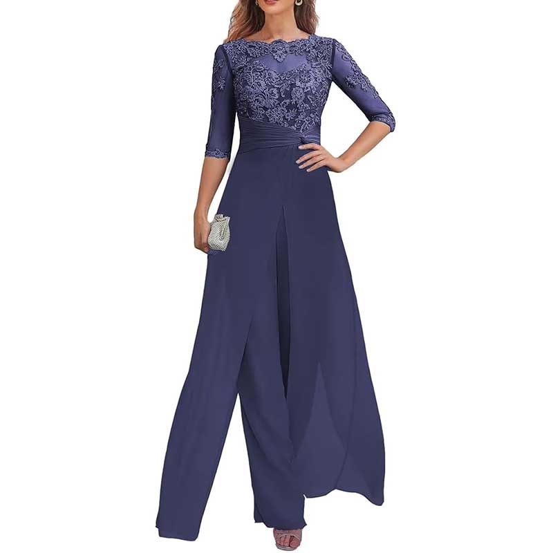 Mother of The Bride Pant Suits Wedding Jumpsuit Chiffon Lace Appliques Prom Ball Outfit