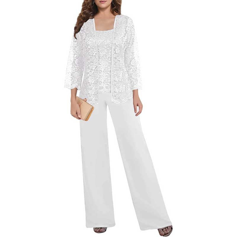 Mother of The Bride Pant Suits Square Neck lace Chiffon 3-Piece Formal Outfit