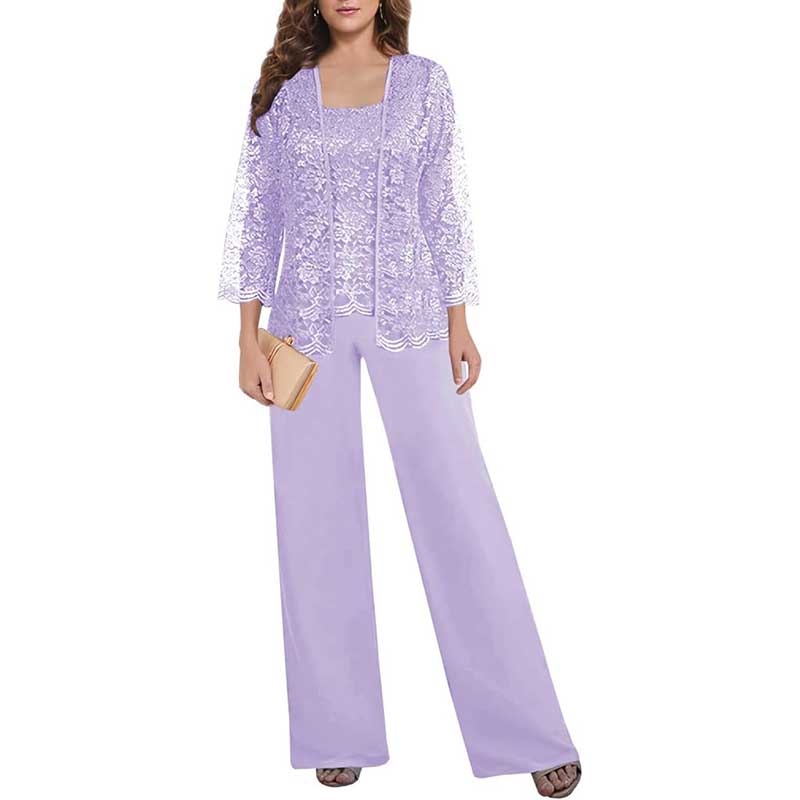 Mother of The Bride Pant Suits Square Neck lace Chiffon 3-Piece Formal Outfit