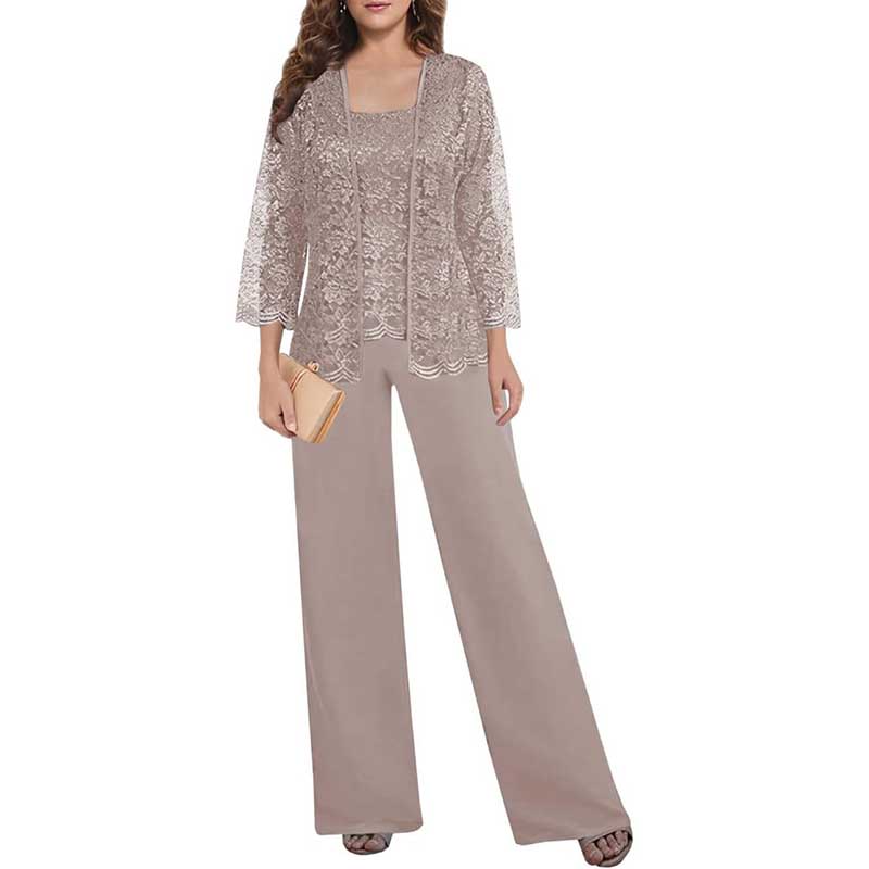 Mother of The Bride Pant Suits Square Neck lace Chiffon 3-Piece Formal Outfit